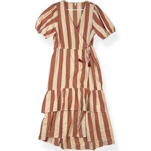 Knox Rose Wrap Dress Womens M Medium Brick Red Cream Striped Pockets Tiered Midi
